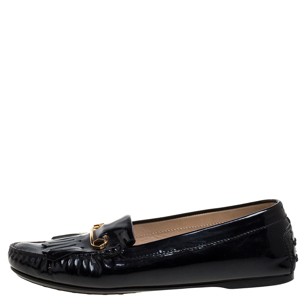

Tod's Black Patent Leather Safety Pin Fringe Loafers Size