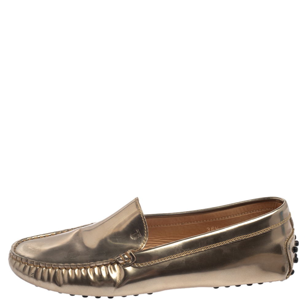 

Tod's Metallic Gold Leather Slip On Loafers Size