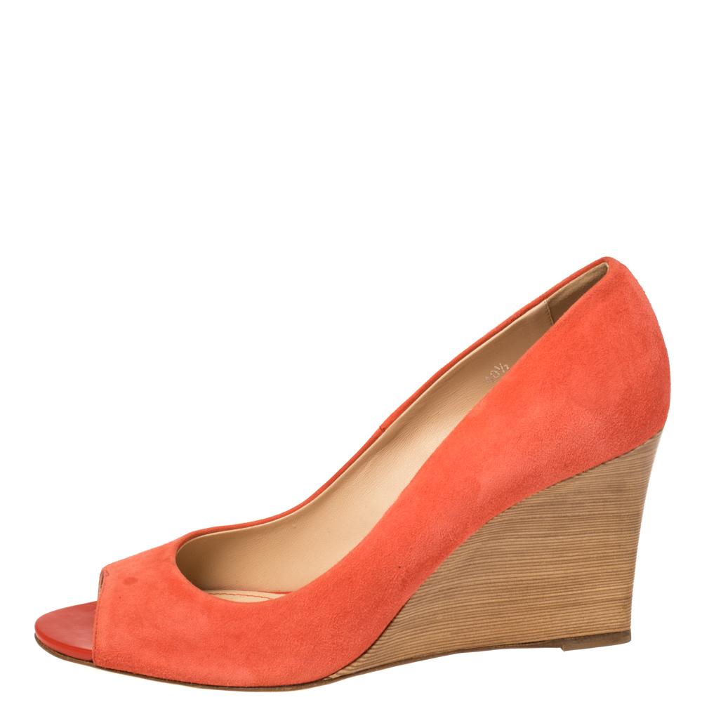 

Tod's Orange Suede Leather Peep Toe Wedge Pumps Size