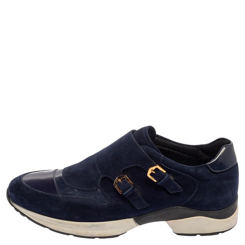 

Tod's Navy Blue Suede And Patent Leather Double Buckle Sneakers Size