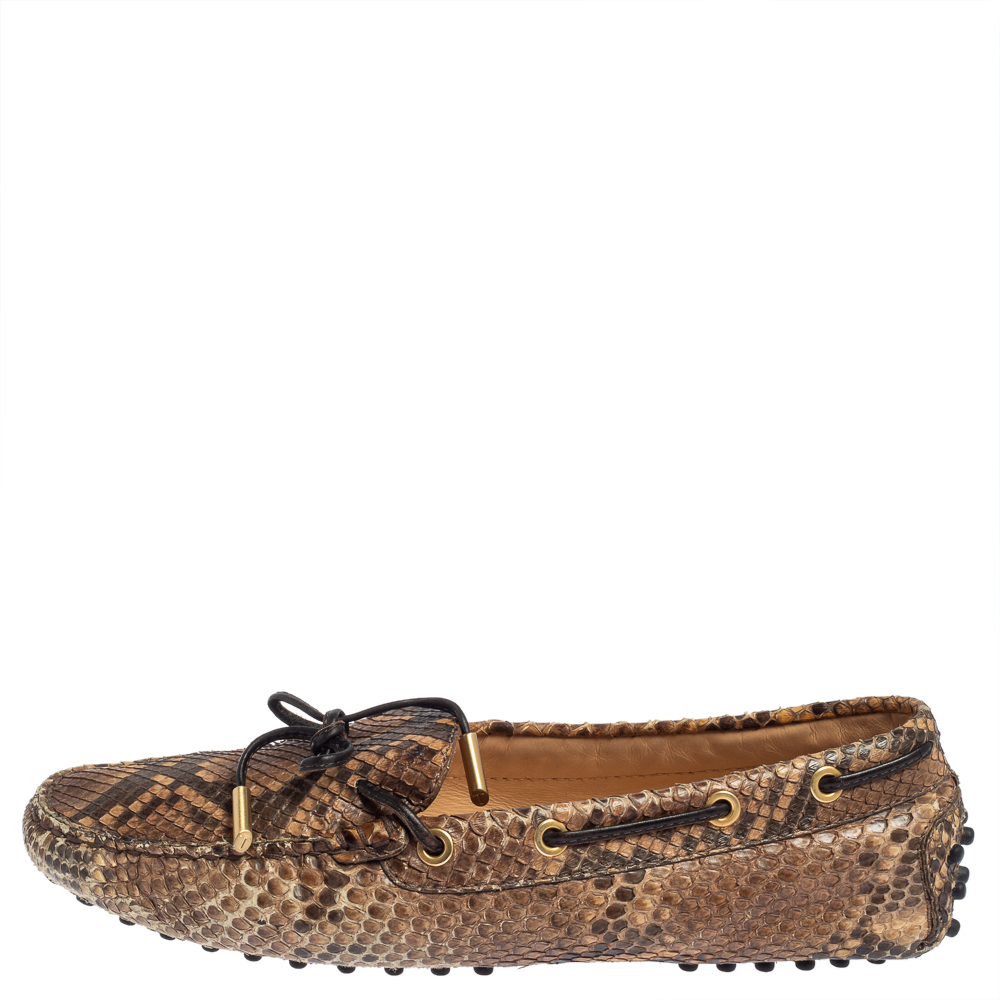 

Tod's Brown/Beige Python Gommino Bow Slip On Loafers Size