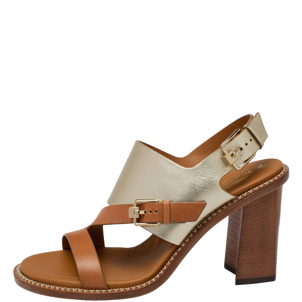 

Tod's Brown/Metallic Leather Slingback Block Heel Sandals Size