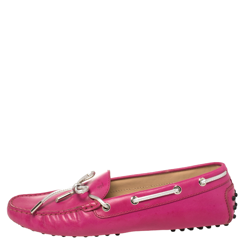 

Tod's Pink/Silver Leather Gommini Loafers Size