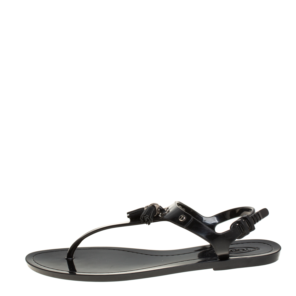 

Tod's Black Jelly Tassel Detail Thong Flat Sandals Size