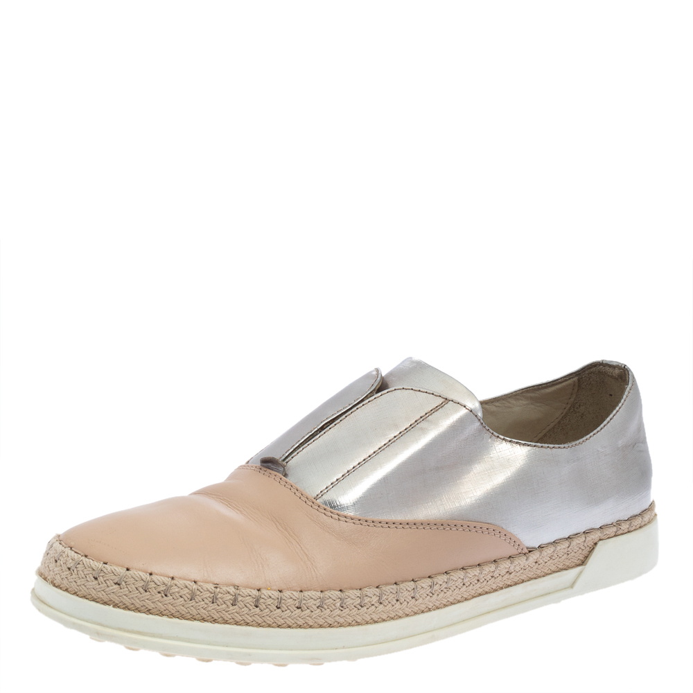 Pre-owned Tod's Beige/silver Leather Francesina Slip On Espadrille Sneakers Size 38.5