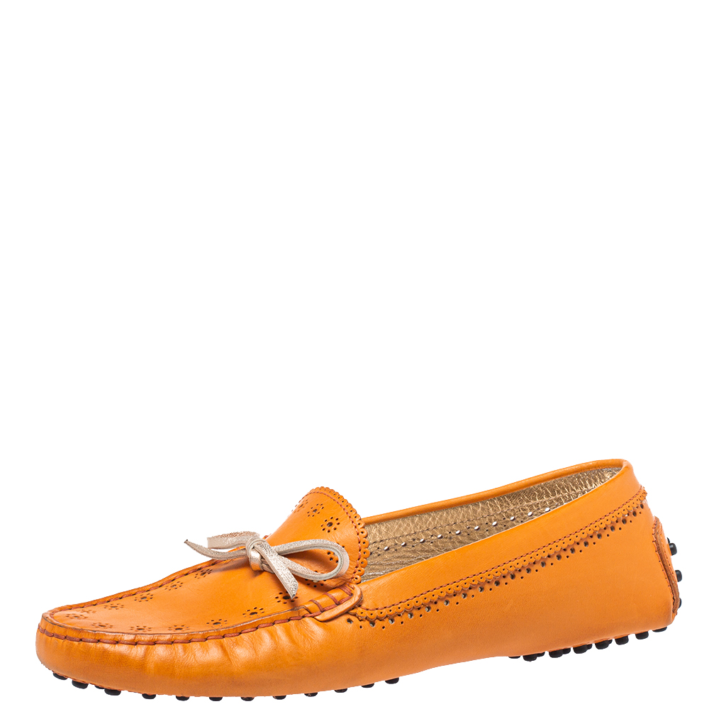 Pre-owned Tod's Orenge Leather Penny Loafers Size 38.5 In Orange