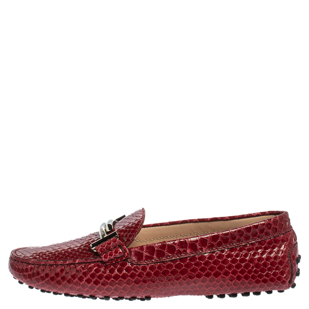 

Tod's Red Python Double T Slip On Loafers Size