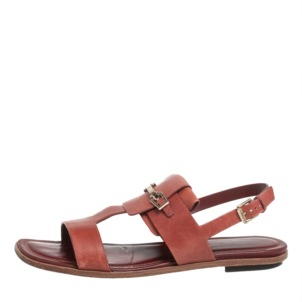 

Tod's Brown Leather T-Strap Buckle Detail Flat Sandals Size