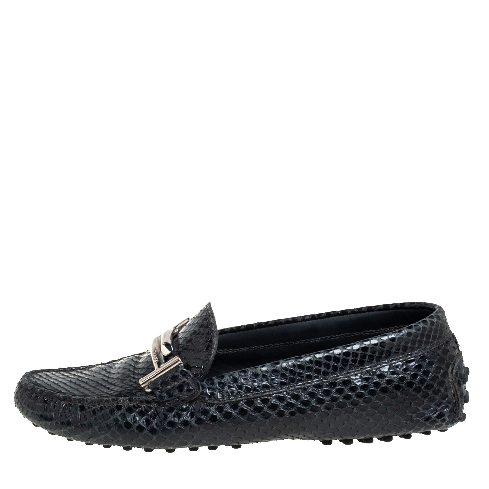 

Tod's Black Python Double T Slip On Loafers Size