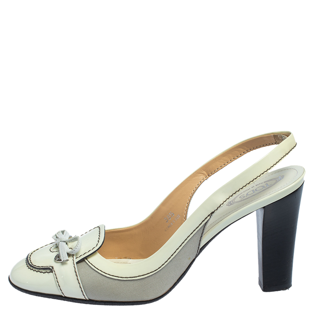 

Tod's Cream/Grey Patent Leather And Fabric Bow Slingback Sandals Size