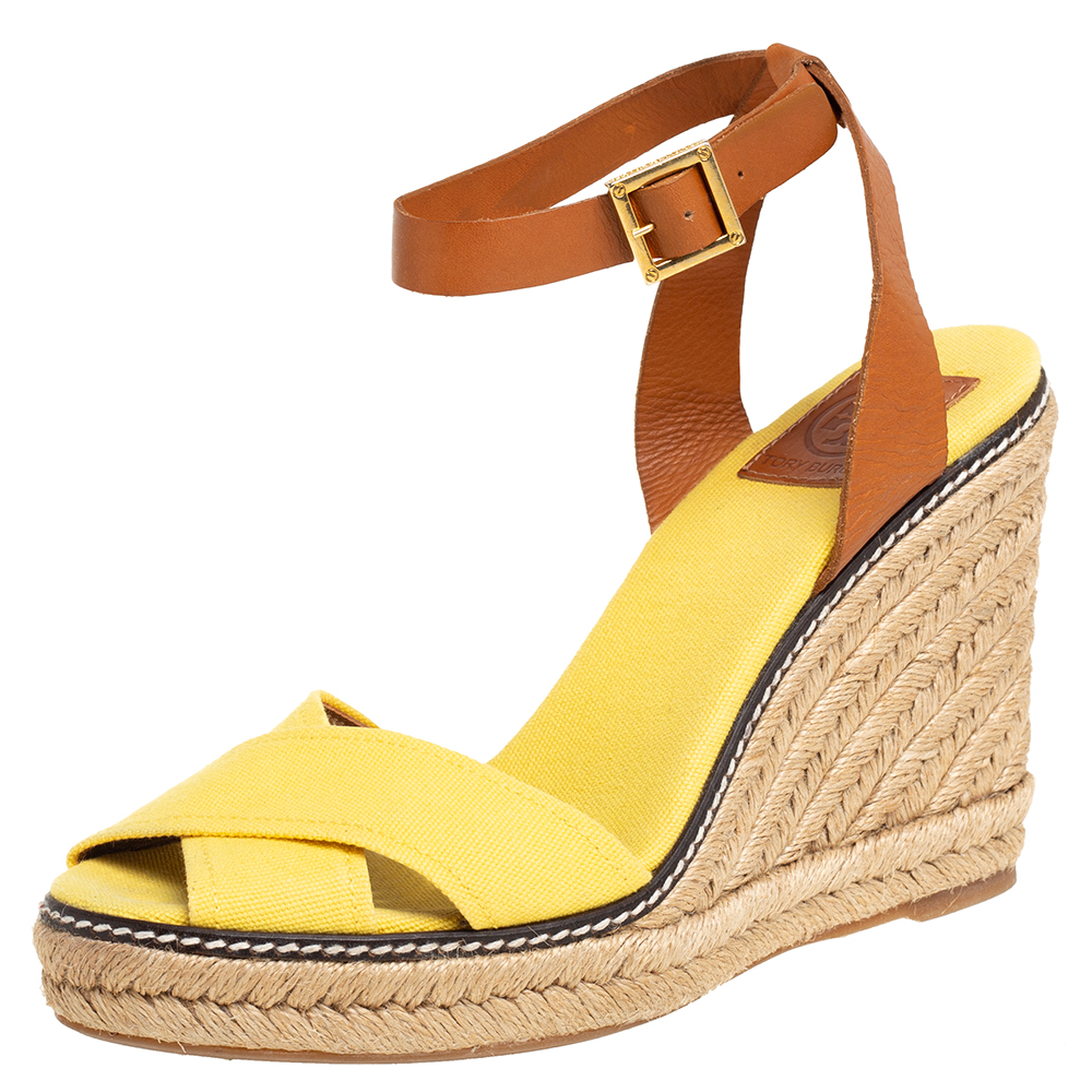 Pre-owned Tod's Tory Burch Yellow/brown Canvas And Leather Fabian Wedge Platform Espadrilles Size 40