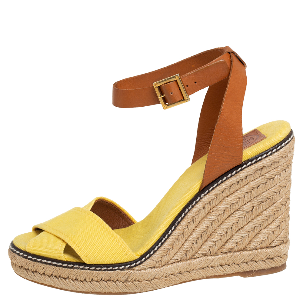 

Tory Burch Yellow/Brown Canvas And Leather Fabian Wedge Platform Espadrilles Size