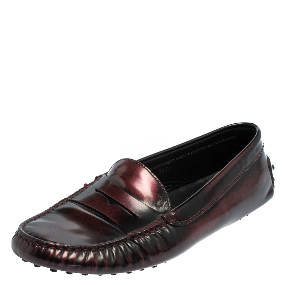 Pre-owned Tod's Two Tone Leather Gommino Penny Slip On Loafers Size 38.5 In Burgundy
