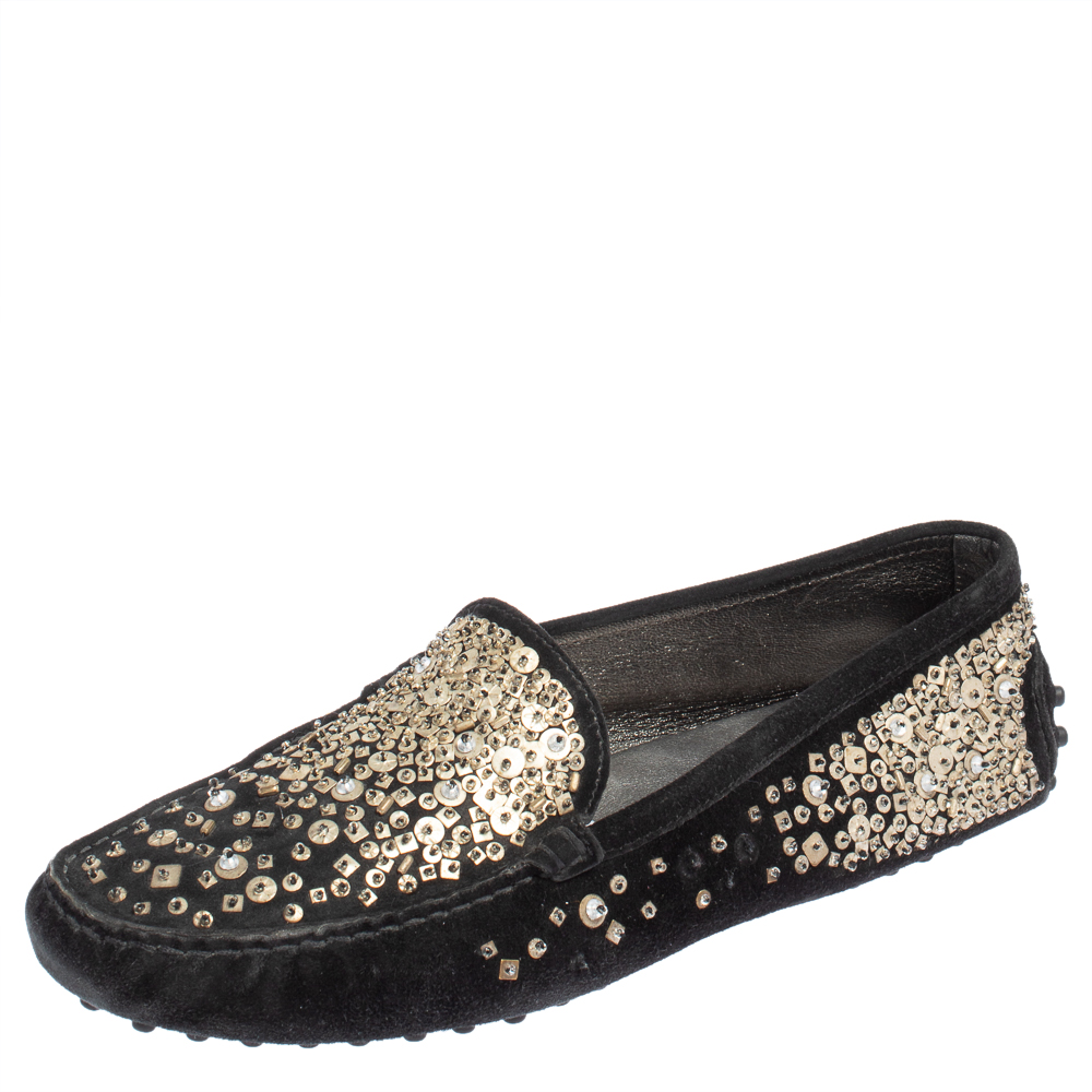 Pre-owned Tod's Black Suede Gommino Ricamo Spray Sequined Loafers Size 37.5