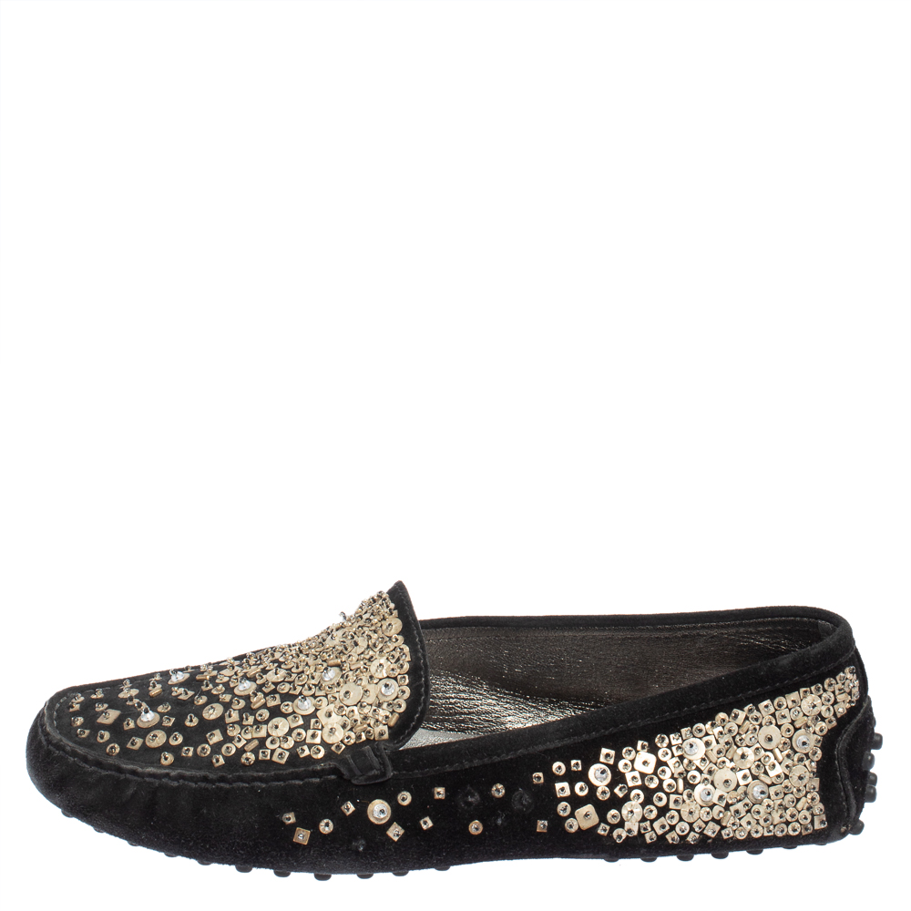 

Tod's Black Suede Gommino Ricamo Spray Sequined Loafers Size