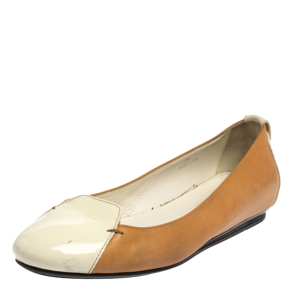 Pre-owned Tod's White/brown Patent And Leather Ballet Flats Size 36