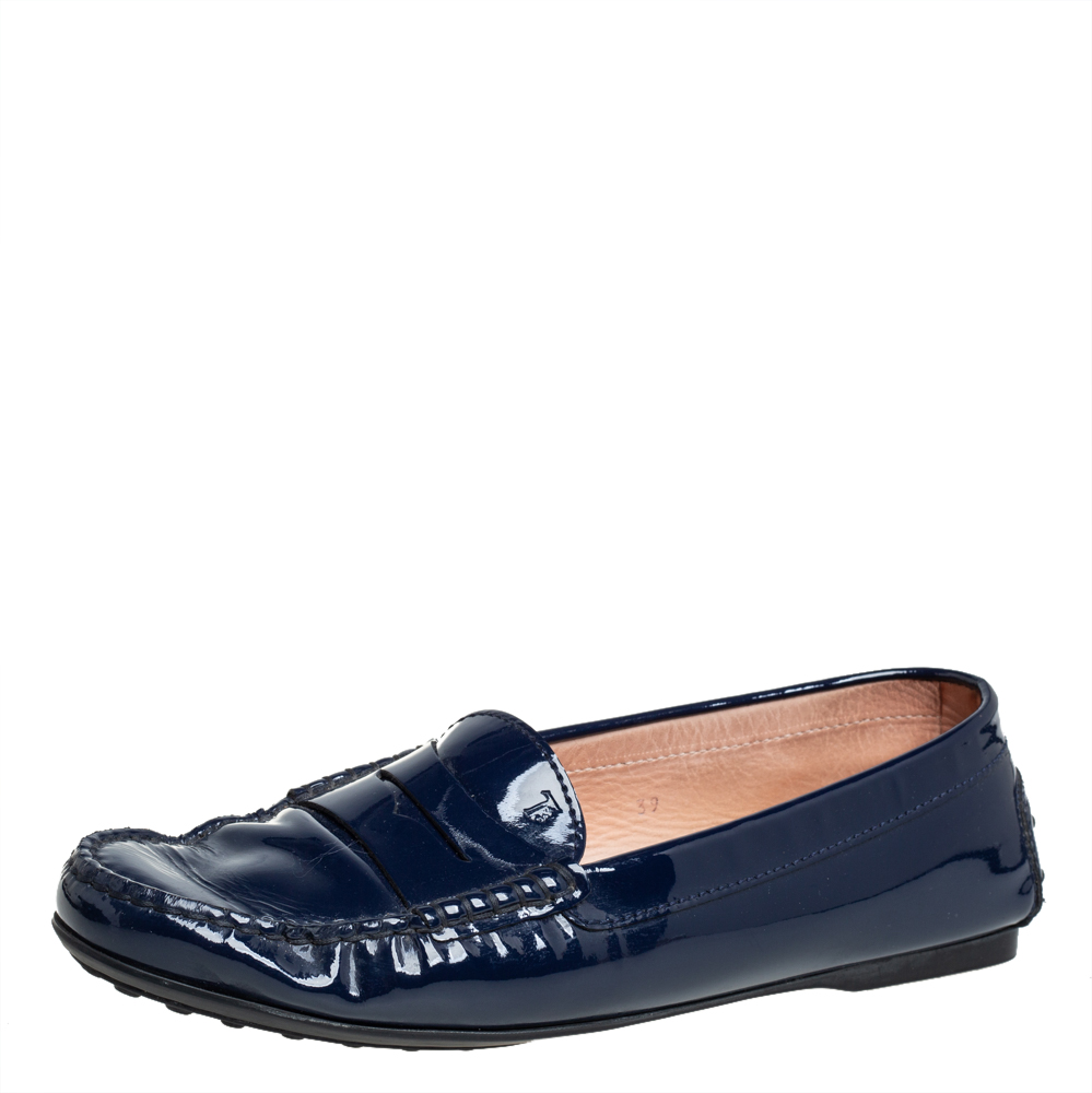 Pre-owned Tod's Blue Patent Leather Penny Loafers Size 39