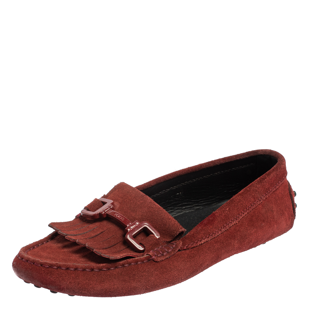 Pre-owned Tod's Burgundy Suede Tassel Slip On Loafers Size 35.5