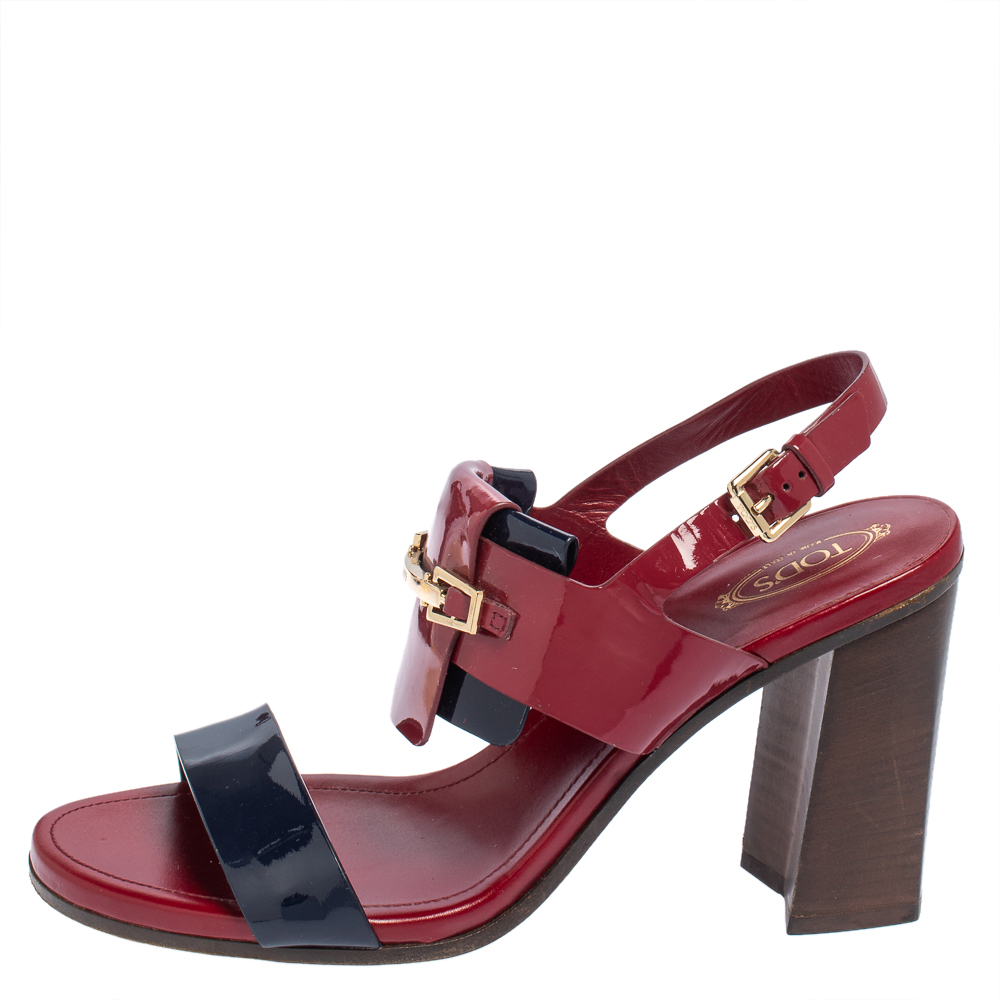 

Tod's Maroon/Dark Blue Patent Leather Embellished Slingback Sandals Size, Red