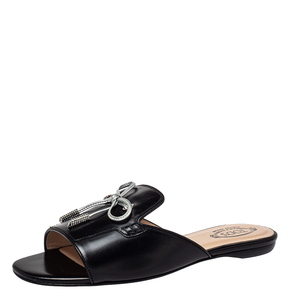 

Tod's Black Leather Bow Slide Sandals Size