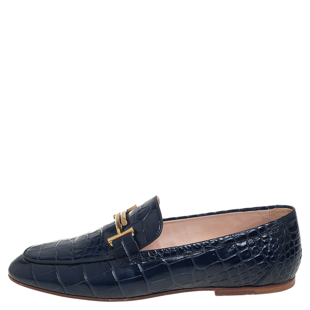 

Tod's Blue Crocodile Embossed Double T Slip On Loafers Size