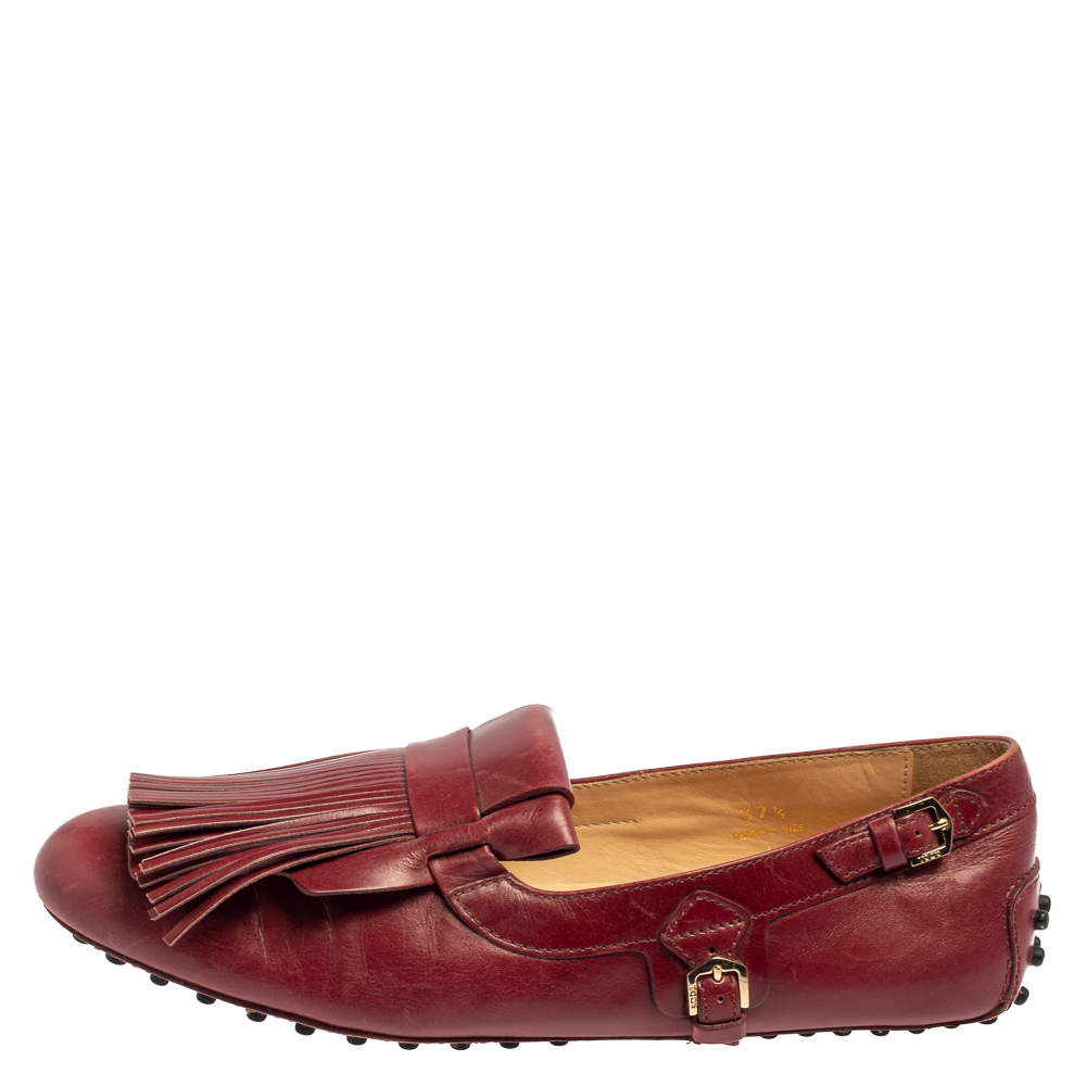 

Tod's Burgundy Leather Fringed Loafers Size