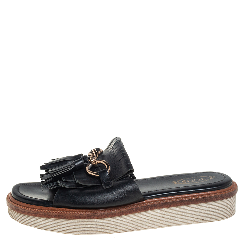 

Tod's Black Leather Fringe And Tassel Detail Slide Sandals Size
