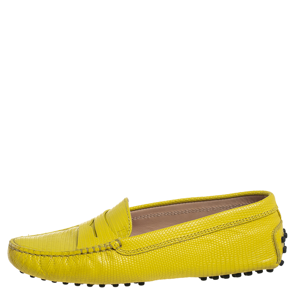 

Tod's Yellow Lizard Embossed Leather Gommino Slip On Loafers Size