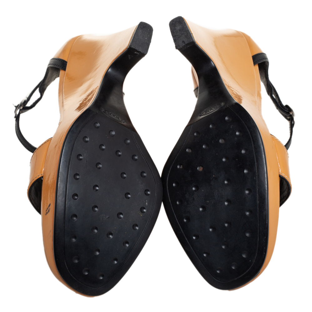 Tod`s Brown Patent Leather Wedge Ankle Strap Sandals Size 38 