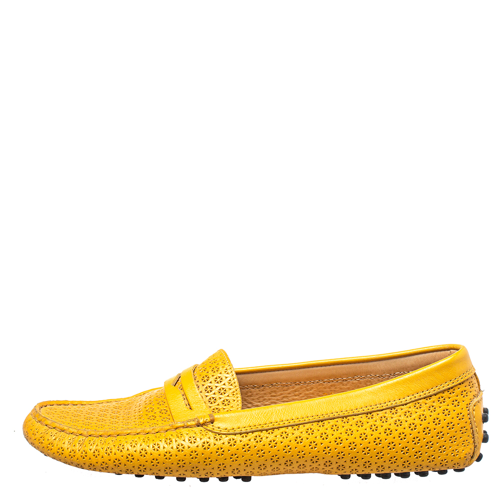 

Tod's Yellow Lasercut Leather Gommino Driving Loafers Size