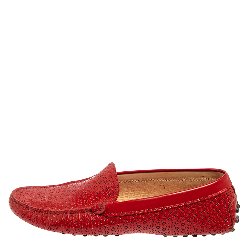 

Tod's Red Lasercut Patent Leather Gommino Driving Loafers Size