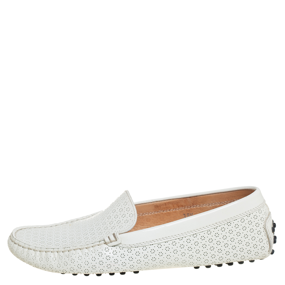 

Tod's White Lasercut Patent Leather Gommino Driving Loafers Size