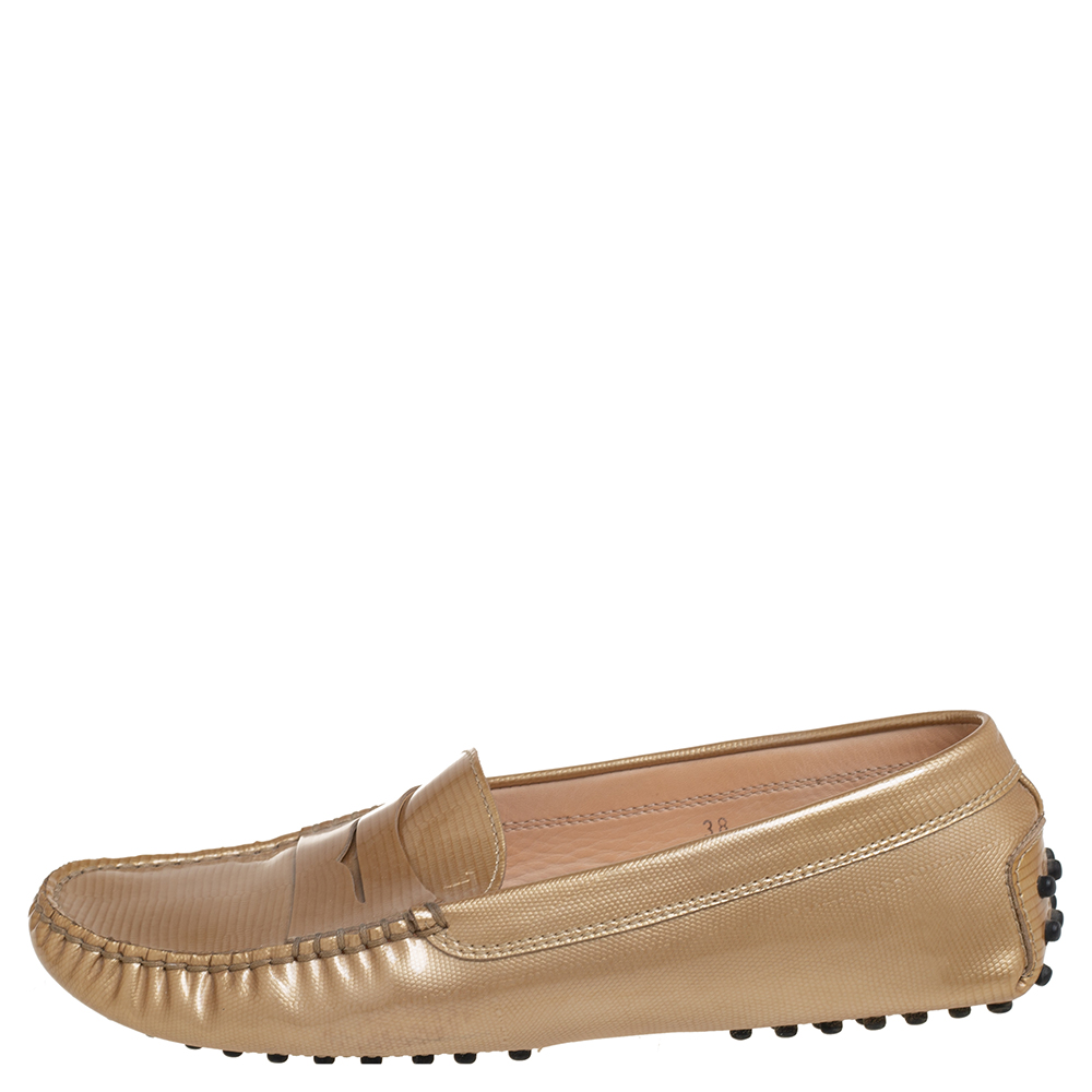 

Tod's Metallic Gold Leather Gommino Slip On Loafers Size