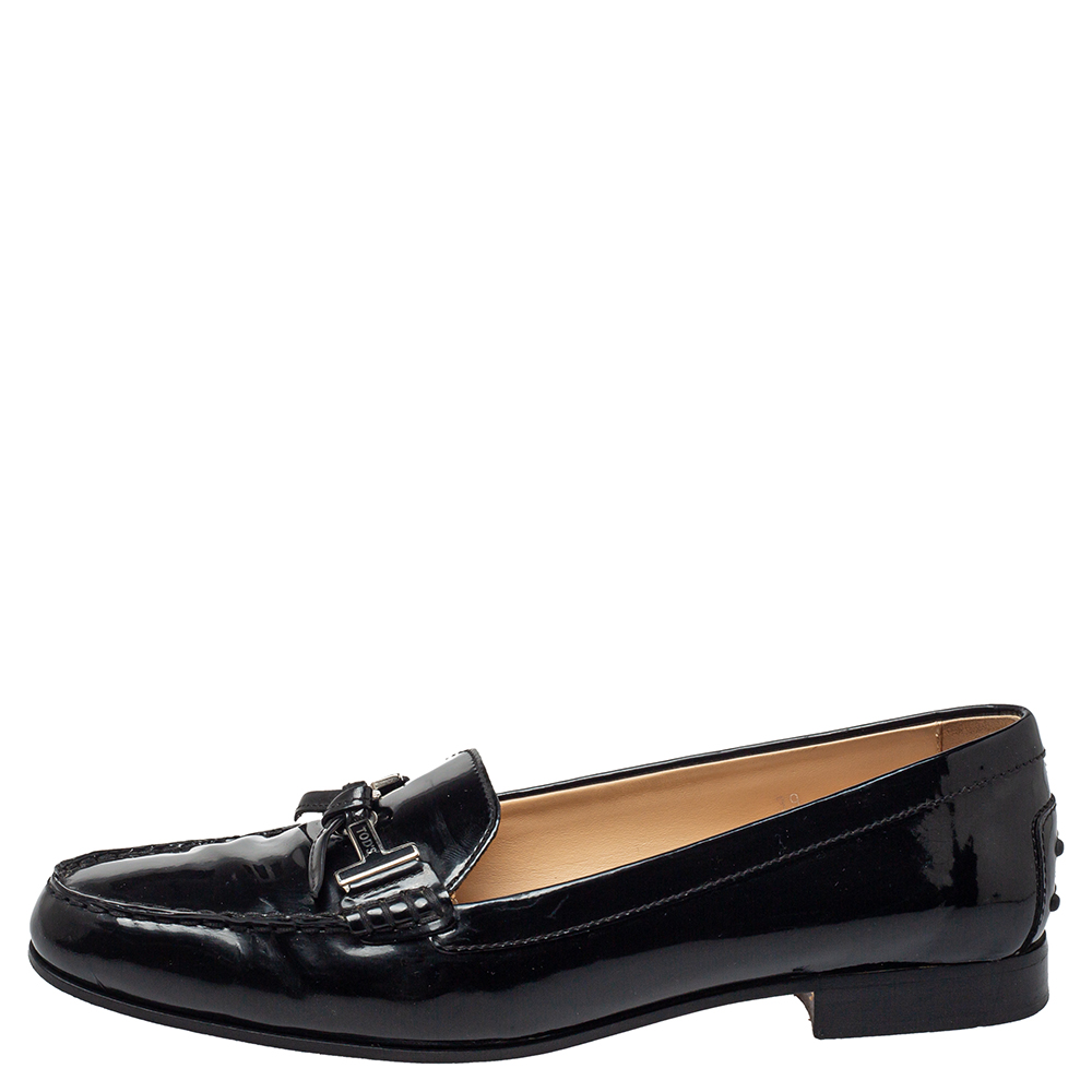 

Tod's Black Patent Leather Double T Slip On Loafers Size