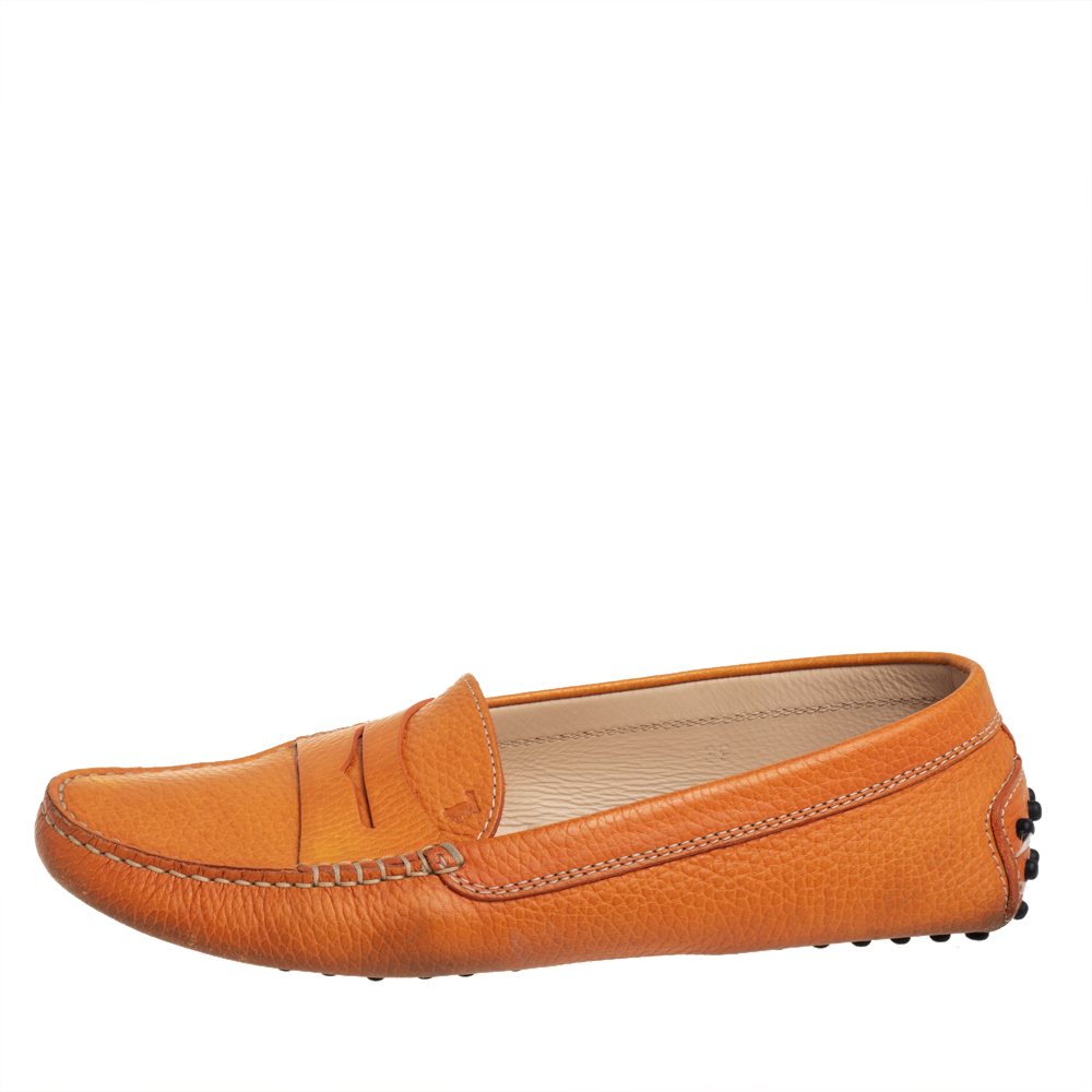 

Tod's Orange Leather Penny Slip On Loafers Size