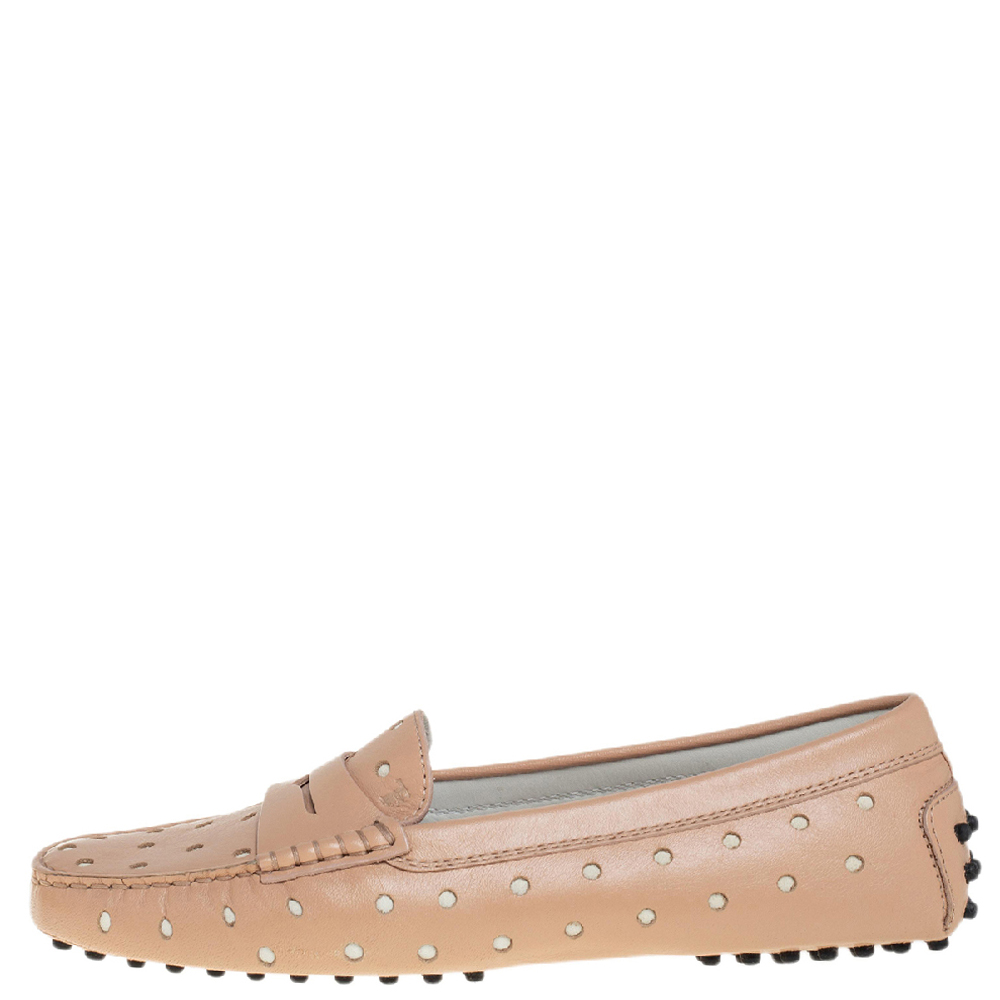 

Tod's Beige Hole Laser Cut Leather Penny Loafers Size