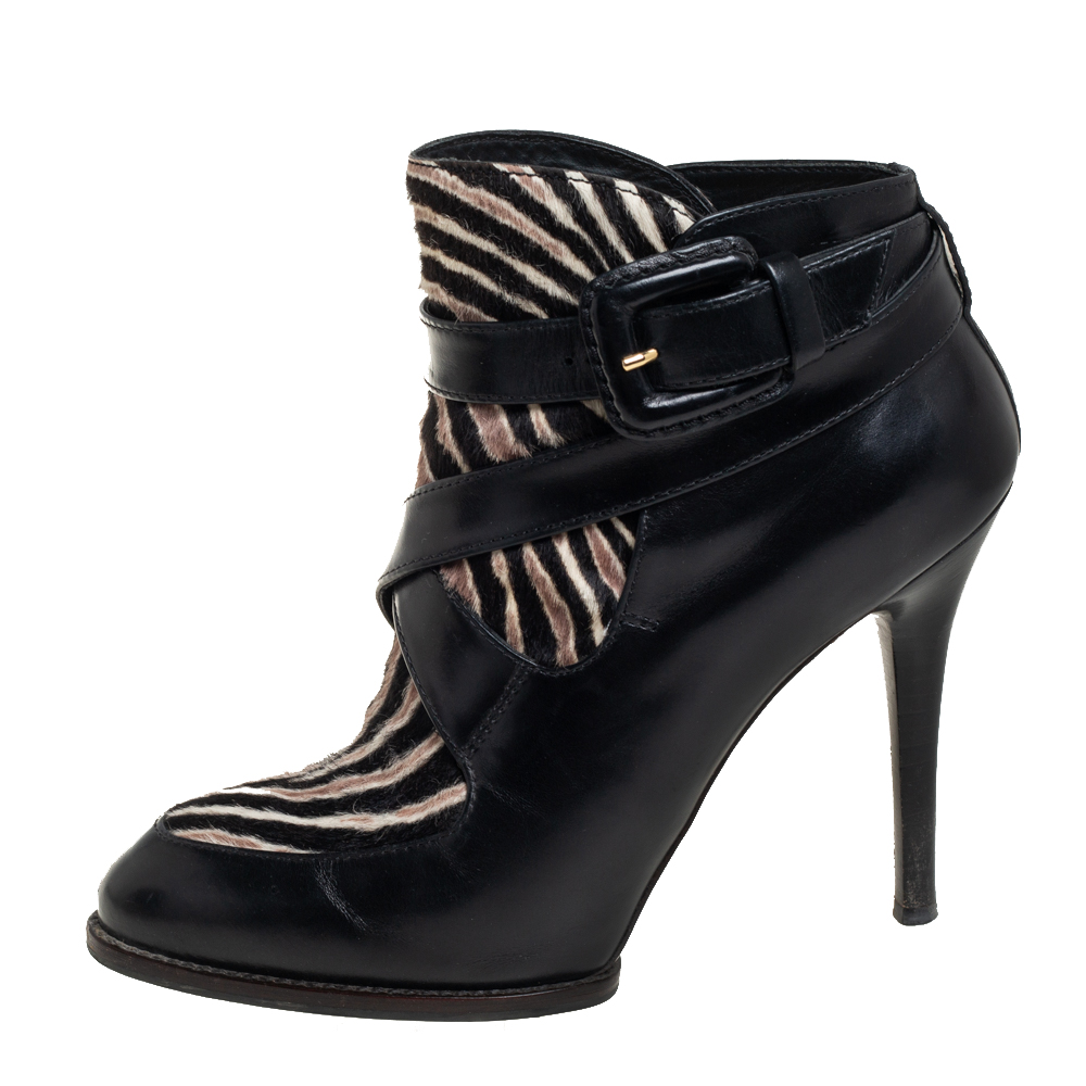 

Tod's Black Leather And Calf Hair Zebra Print Ankle Boots