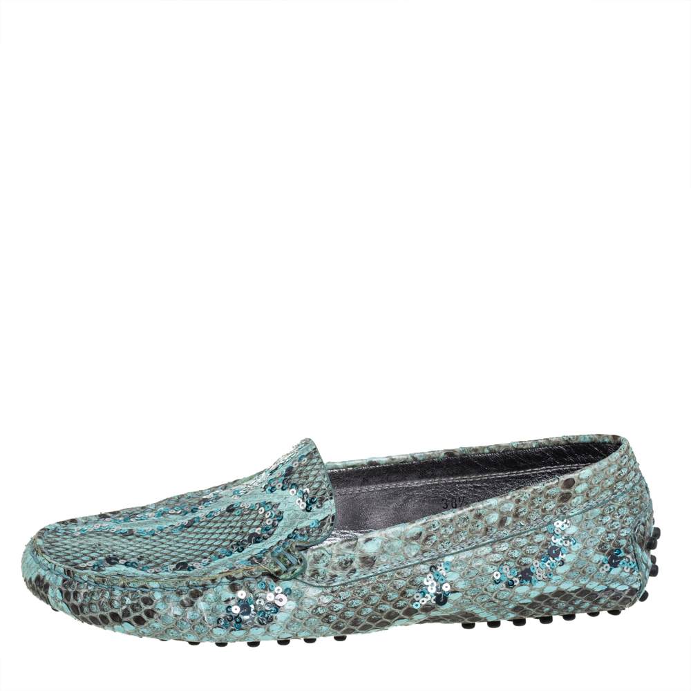 

Tod's Blue/Brown Python Sequins Embellished Slip On Loafers Size