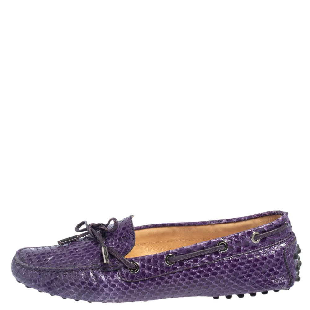

Tod's Purple Python Leather Bow Slip On Loafers Size
