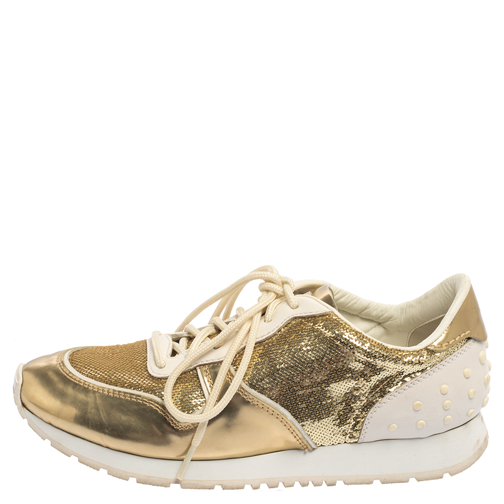 

Tod's Gold /White Patent Leather And Sequin Low Top Sneakers Size