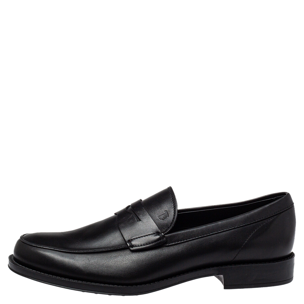 

Tod's Black Leather Slip On Penny Loafers Size