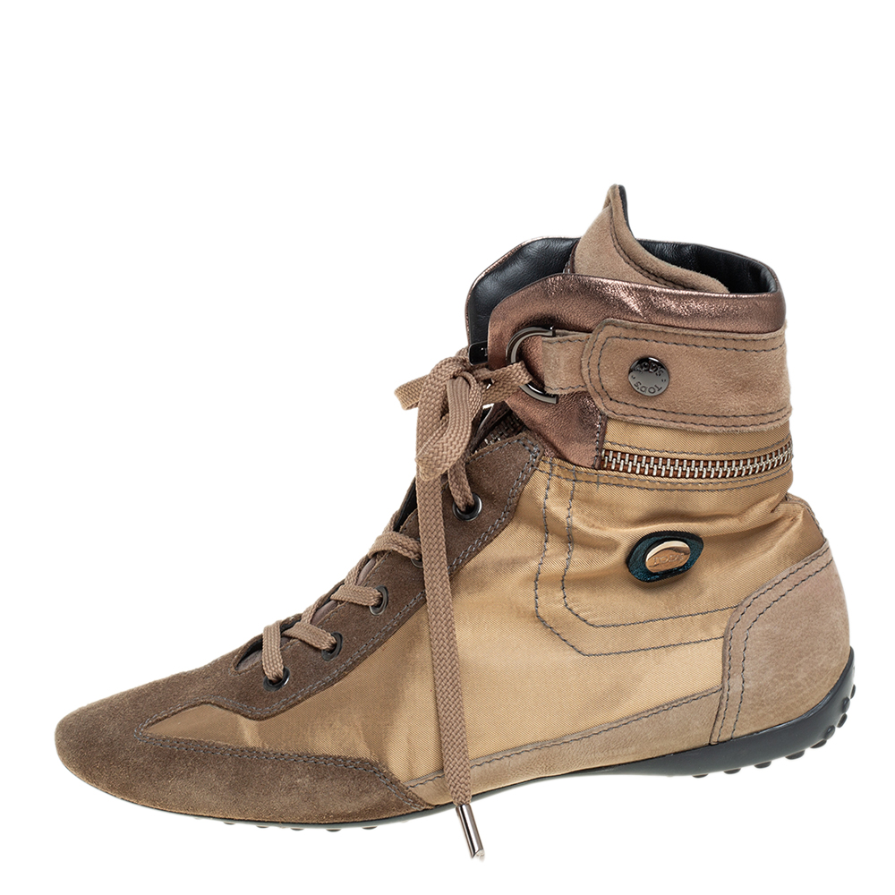 

Tod's Brown/Beige Suede And Fabric High Top Sneakers Size