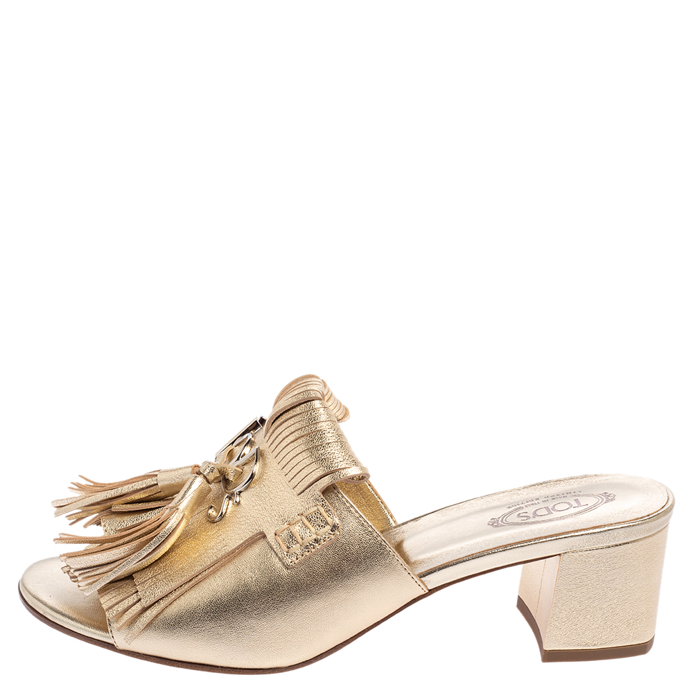 

Tod's Gold Leather Fringe Peep Toe Mules Sandals Size