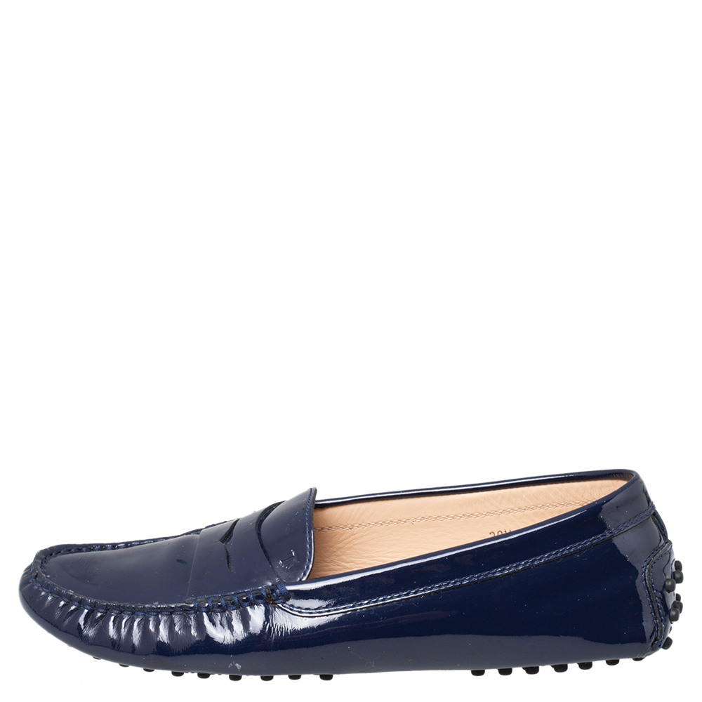 

Tod's Blue Patent Leather Penny Slip On Loafers Size