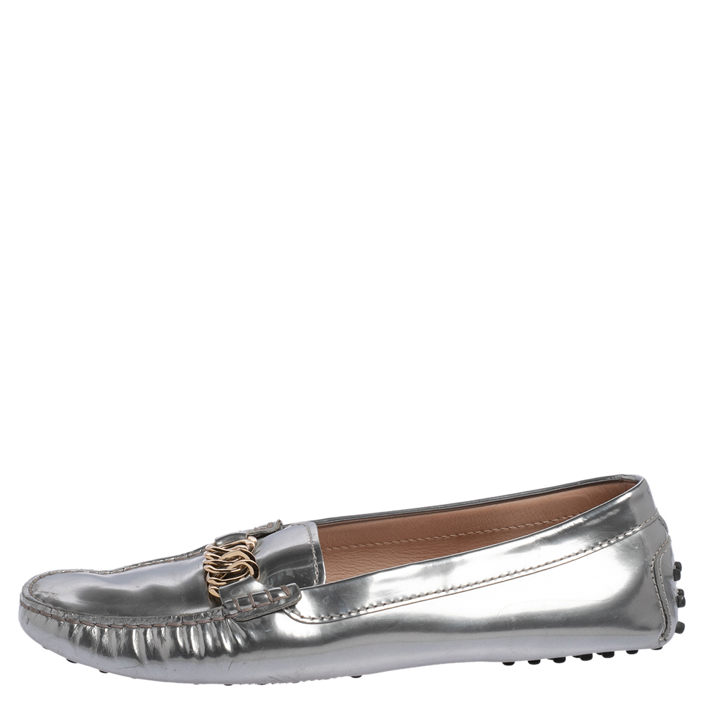 

Tod's Metallic Silver Leather Chain Link Slip On Loafers Size