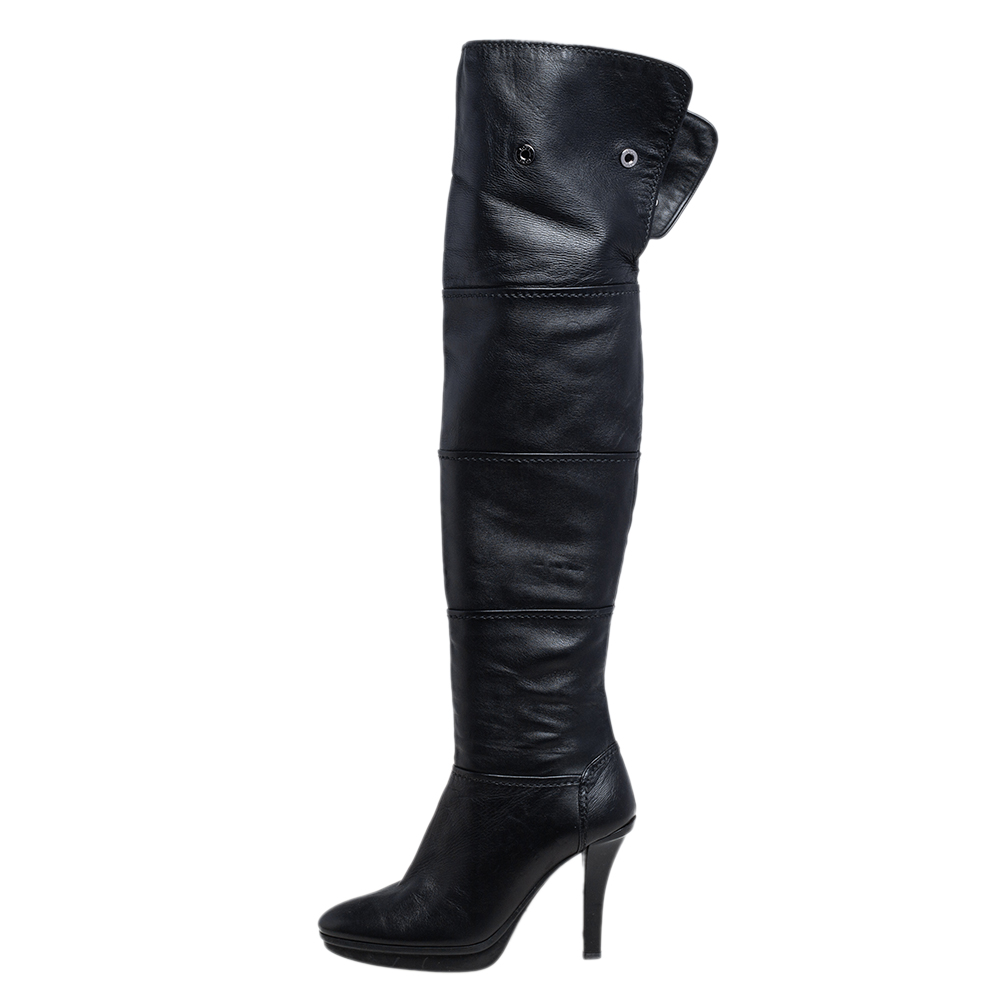 

Tod's Black Leather Platform Over The Knee Boots Size