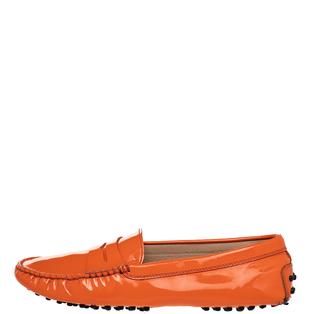 

Tod's Orange Patent Leather Penny Slip On Loafers Size