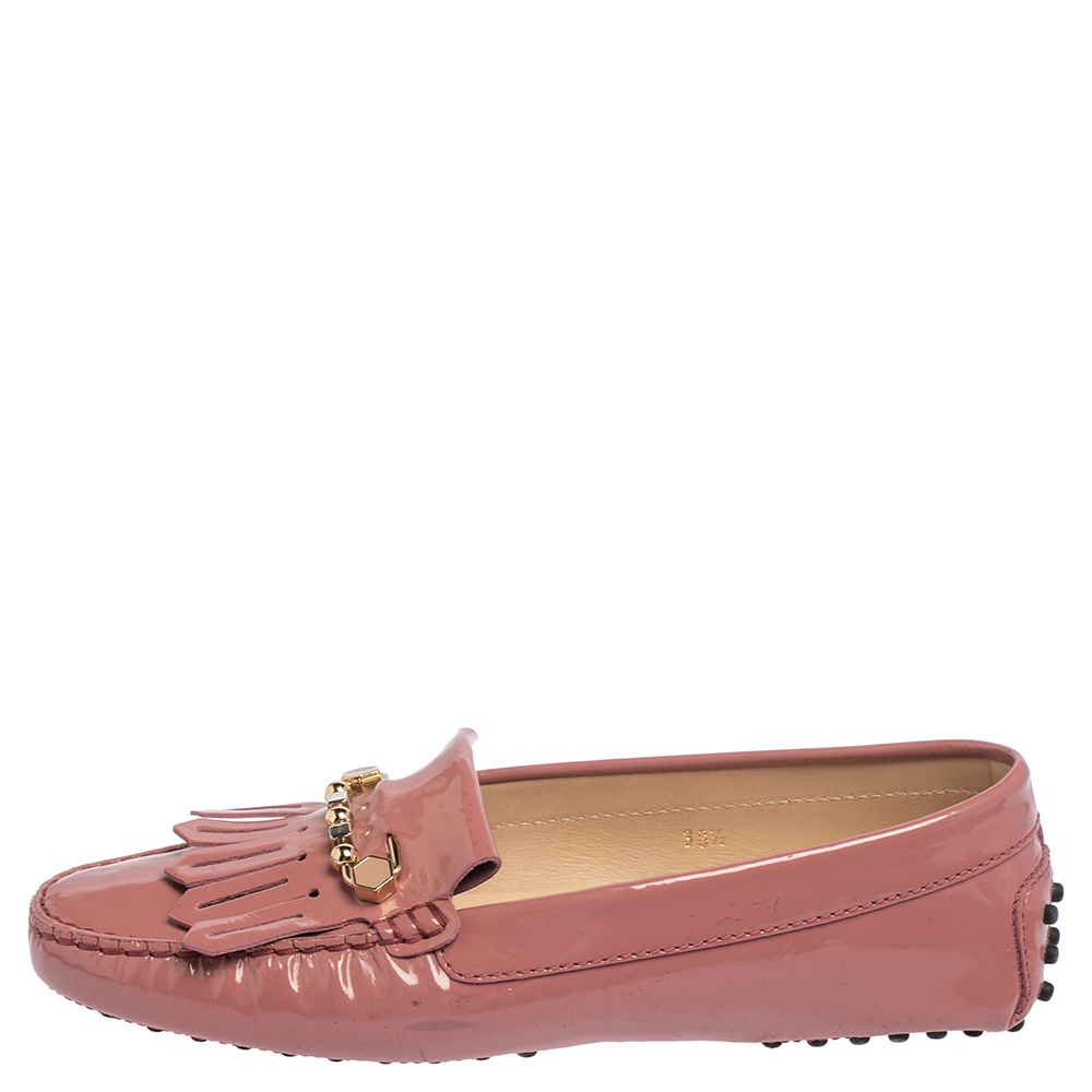 

Tod's Pink Patent Leather Fringe Safety Pin Loafers Size