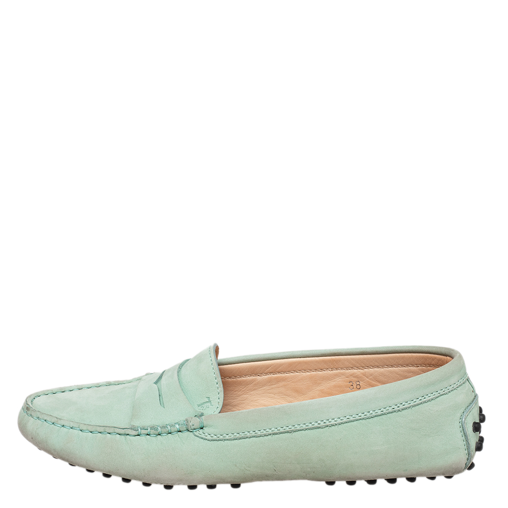 

Tod's Mint Green Nubuck Leather Penny Slip On Loafers Size