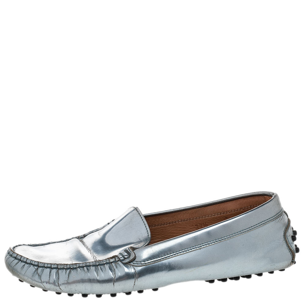 

Tod's Metallic Silver Leather Slip On Loafers Size